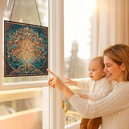 Rectangle Mosaic Sacred Geometry Tree of Life Stained Glass Suncatcher Window Hangings, Suncatchers Colorful Glass Panel Sun Catchers Gifts, Decoration for Home Garden Christmas Party