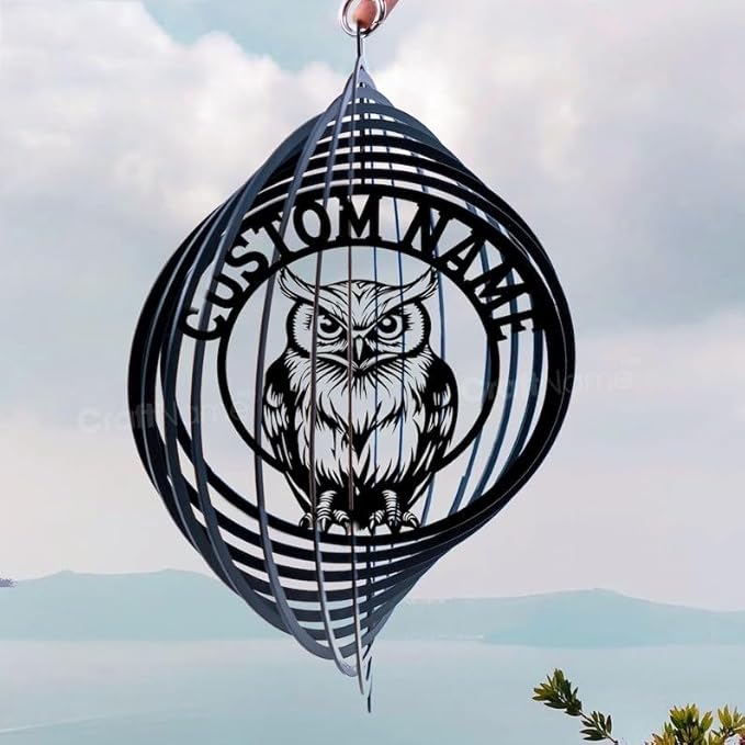 Personalized Owl Metal Wind Spinner, Custom Hanging Ornament for Outdoor Spaces, Kinetic Bird Sculpture, Night Garden Gift (Owl Garden Wind Spinner)