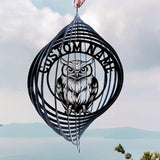 Personalized Owl Metal Wind Spinner, Custom Hanging Ornament for Outdoor Spaces, Kinetic Bird Sculpture, Night Garden Gift (Owl Garden Wind Spinner)