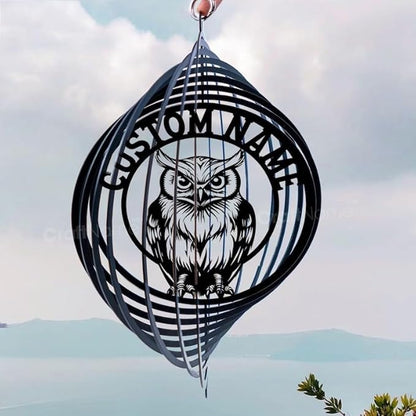Personalized Owl Metal Wind Spinner, Custom Hanging Ornament for Outdoor Spaces, Kinetic Bird Sculpture, Night Garden Gift (Owl Garden Wind Spinner)