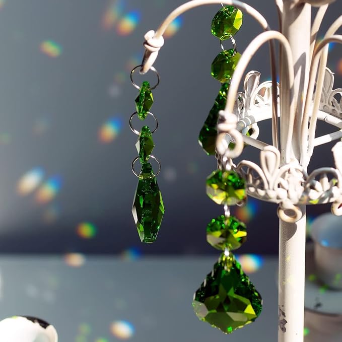 20PACK 38mm Crystal Chandelier Prism Replacement Maple Leaf Pendant Connected Glass Octagon Beads Curtain for Chandelier Christmas Decoration (Olive Green)