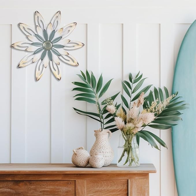 hogardeck Metal Flower Farmhouse Wall Decor, 16" Large Floral Metal Blue White Wall Art for Indoor Outdoor, Boho Wall Decor for Bathroom, Living Room, Kitchen, Bedroom, Porch, Garden, Yard