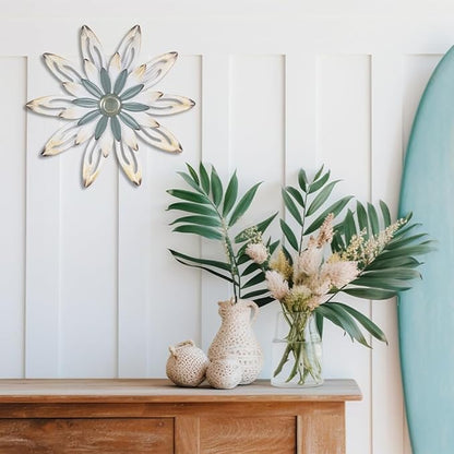 hogardeck Metal Flower Farmhouse Wall Decor, 16" Large Floral Metal Blue White Wall Art for Indoor Outdoor, Boho Wall Decor for Bathroom, Living Room, Kitchen, Bedroom, Porch, Garden, Yard