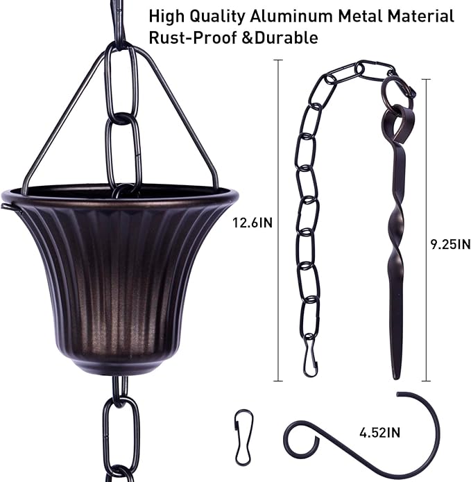 Rain Chain Set 8.5 Ft,Not Rust Wrought Iron Rain Chains for Gutters with Adapter Gotta Drain and Anchoring Stake, 14 Cups, 1 Hook, Adjustable Length for Garden Decorative (Coffee)