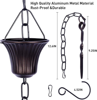 Rain Chain Set 8.5 Ft,Not Rust Wrought Iron Rain Chains for Gutters with Adapter Gotta Drain and Anchoring Stake, 14 Cups, 1 Hook, Adjustable Length for Garden Decorative (Coffee)