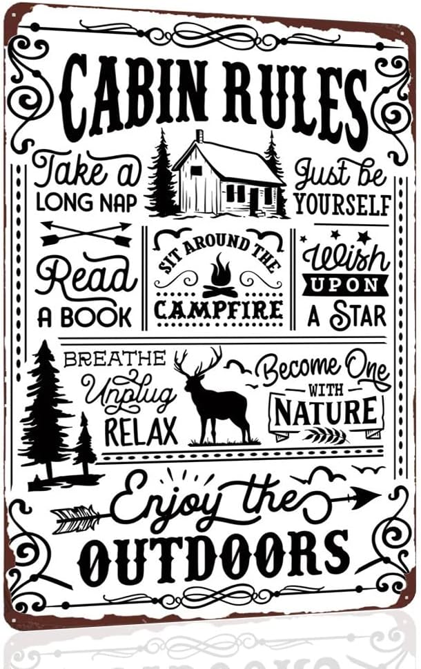 Cabin Rules Decor, Retro Wall Poster Plaque Outdoor Metal Sign for Bar, Campsite, Lake House, Cabin Cute Sign Gift for Friends 12x8 Inches