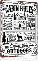 Cabin Rules Decor, Retro Wall Poster Plaque Outdoor Metal Sign for Bar, Campsite, Lake House, Cabin Cute Sign Gift for Friends 12x8 Inches