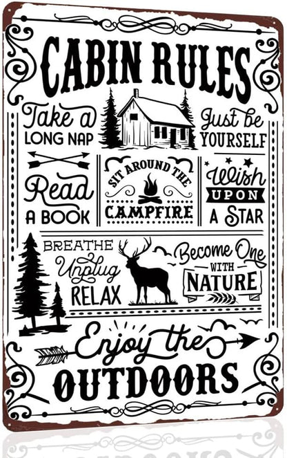 Cabin Rules Decor, Retro Wall Poster Plaque Outdoor Metal Sign for Bar, Campsite, Lake House, Cabin Cute Sign Gift for Friends 12x8 Inches
