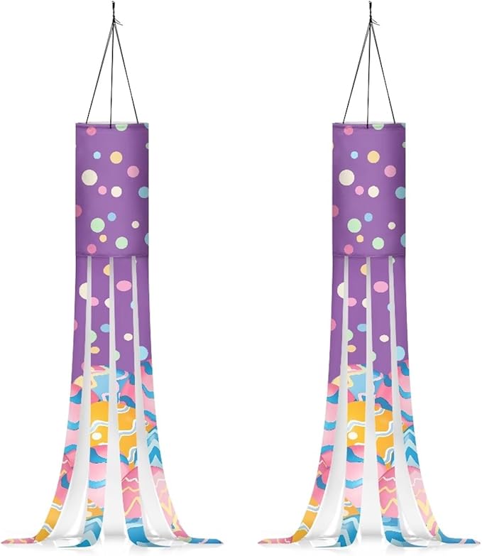 Jeiento Colorful Eggs Windsock Flag 2 Pack,40Inch Happy Easter Day Windsock Flag Holiday Party Decoration Hanging Wind Socks for Farmhouse Yard Window Holiday Party Supplies