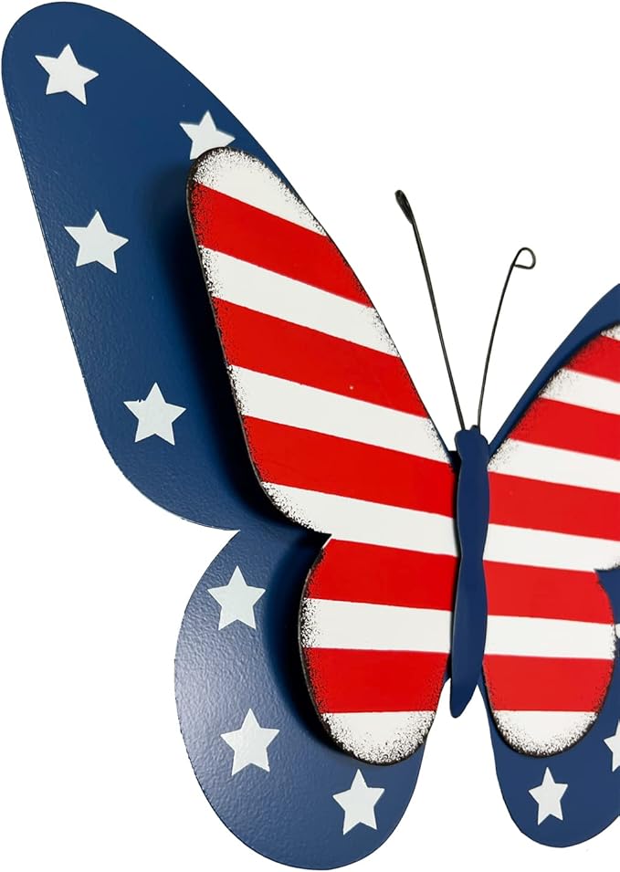 SAGUZOU Rustic Hanging Metal American Flag Patriotic Butterfly Wall Door Yard Signs 4th of July White Blue Red Independence Day Memorial Day Fence Decor Indoor Outdoor Decorations