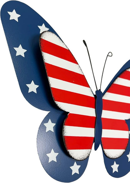 SAGUZOU Rustic Hanging Metal American Flag Patriotic Butterfly Wall Door Yard Signs 4th of July White Blue Red Independence Day Memorial Day Fence Decor Indoor Outdoor Decorations