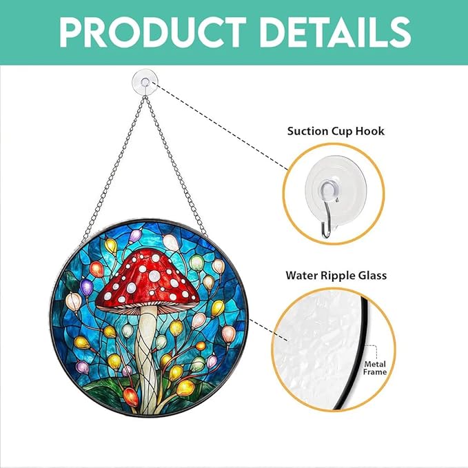 Stained Glass Window Hanging, Mushroom & Fairy Lights Sun Catchers Colorful Glass Panel Suncatcher Cottagecore Boho Home Decor for Birthday for Mother's Day Women, Men Gifts 7.8 in