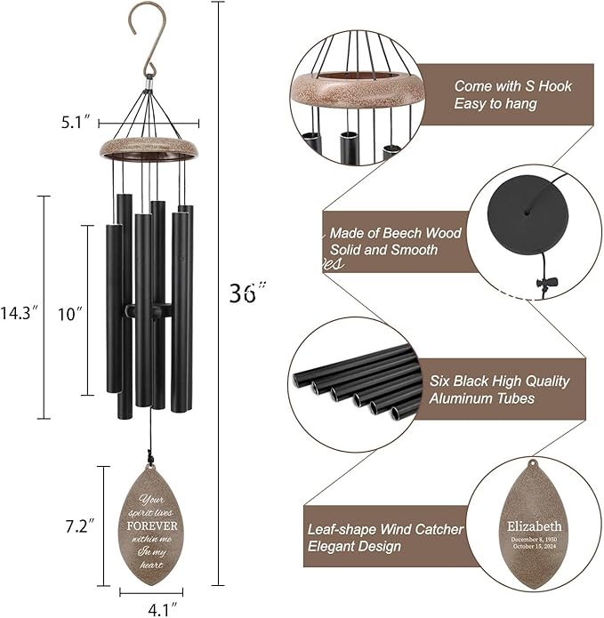 ASTARIN Personalized 35" Wind Chimes for Loss of Loved One, Memorial Wind Chimes for in Memory of Mom Dad, Sympathy Gifts for Loss, Metal Windchime Outdoor, Produced in USA