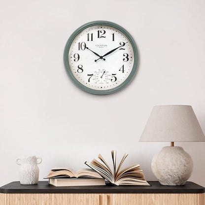 Maison in/Outdoor Clock with Thermometer, 2 in One Weather Station (Weather Thermometer/Wall Decoration) (Aged Teal, 13 inch)
