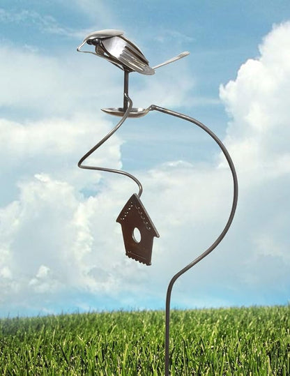 American Made Flatware Finch Balancing Garden Stake and Upcycled Utensil Sculpture