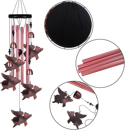 Outdoor Fly Pigs Wind Chimes Indoor Decor - Hand-Made Mobile Romantic Windcatcher, Pig Chimes, Flying Pig Wind Chimes for Home, Balcony, Tree, Patio, Garden Decoration, Gift for Mom(4 Tubes, 5 Pigs)