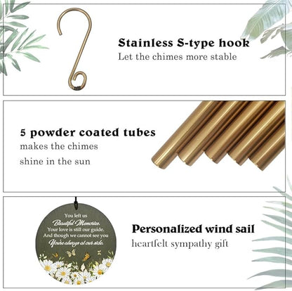 Personalized Sympathy Wind Chimes, Daisy Butterfly Memorial Wind Chimes, in Memory for Loss of Loved Mom/Grandma, Memorial Gifts Wind Chime Deep Tone Outdoor (Produced in USA)