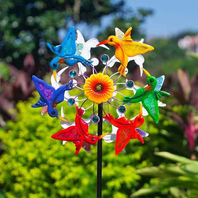 Wind Spinners Outdoor, Double-Sided Hummingbird Garden Windmill for Yard with 12 Colorful Bird Blades, Gemstone Decor Lawn Spinner, Unique Wind Spinners Art for Patio
