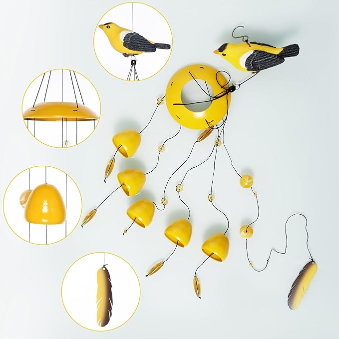 American Goldfinch Bird Wind Chimes with Bells, Large Unique Birds Chimes for Garden Backyard Church Hanging Decor, 40"