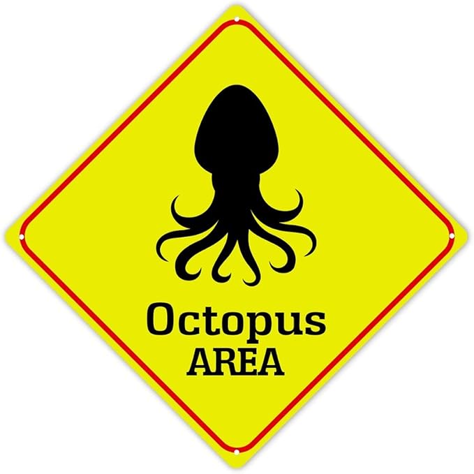 Warning Octopus Area Metal Tin Sign Ocean Animal Caution Crossing Xing Street Sign Yellow Diamond Shape Funny Metal Sign For Indoor Outdoor Highway15x15in