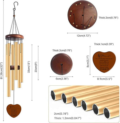 Healing Wind Chimes for Outdoor Garden, Large Memorial Musical Chimes with Heart Pendant, Gold Aluminum Tubes