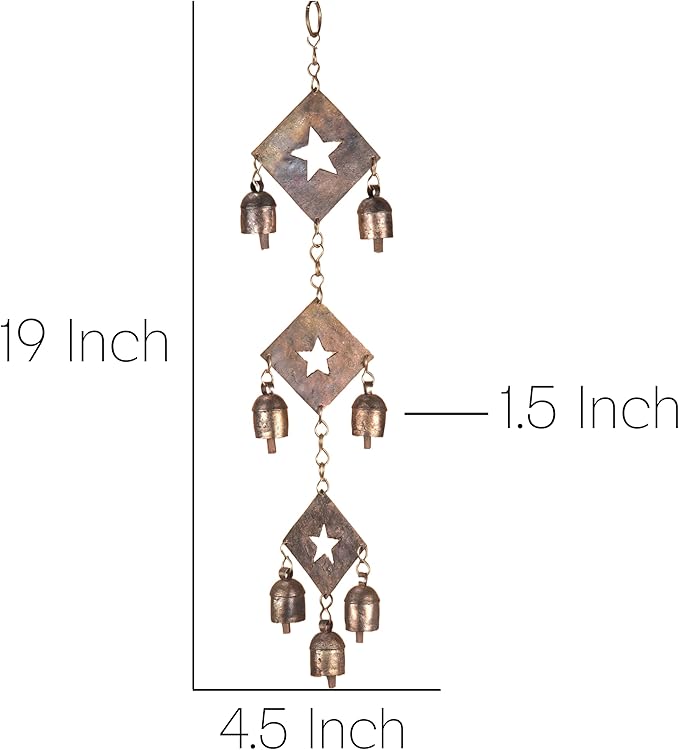 Rustic Metal Wind Chime – Triple Diamond Star Cutouts with Bells – Bronze Outdoor Garden Decor – Wind Chimes for Outside, Porch, Yard, Balcony, Memorial or Garden Gift 19 x 4.5 Inch