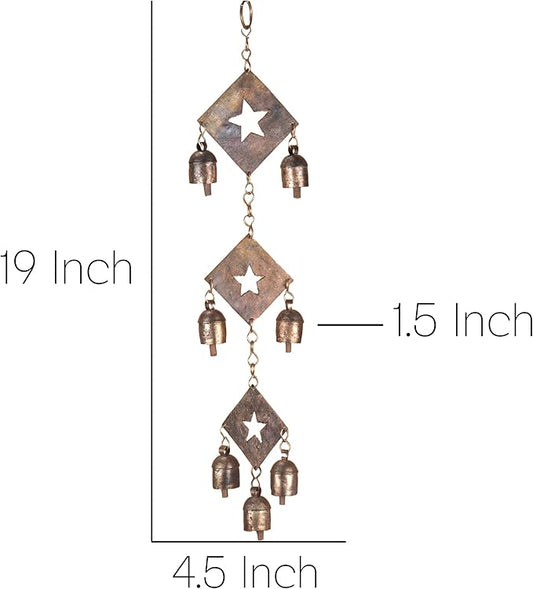 Rustic Metal Wind Chime – Triple Diamond Star Cutouts with Bells – Bronze Outdoor Garden Decor – Wind Chimes for Outside, Porch, Yard, Balcony, Memorial or Garden Gift 19 x 4.5 Inch