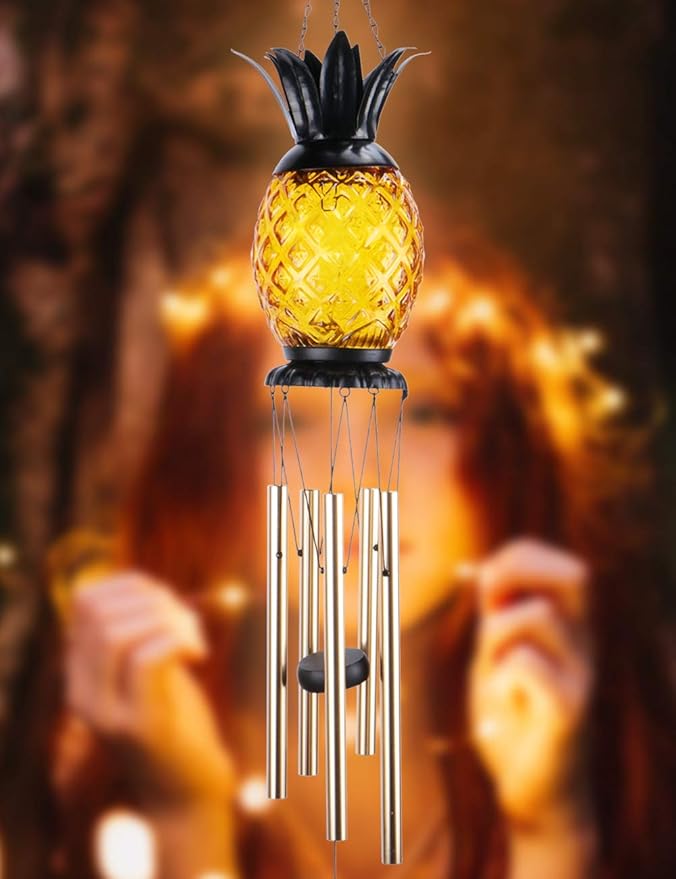 MUMTOP Solar Wind Chime Pineapple Solar LED Light Tropical Windchimes Decorative Hanging Wind Bell for Porch Patio and Garden Decor