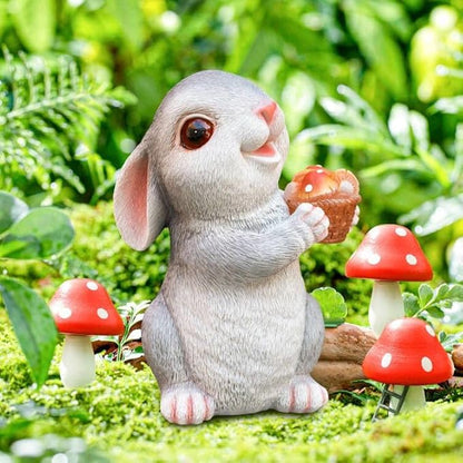 Solar Rabbit Garden Statues Outdoor Decor Resin Bunny Figurine Holding Mushroom with LED Lights for Porch Patio Lawn Yard Christmas Housewarming Gardening Gifts for Mom Grandma