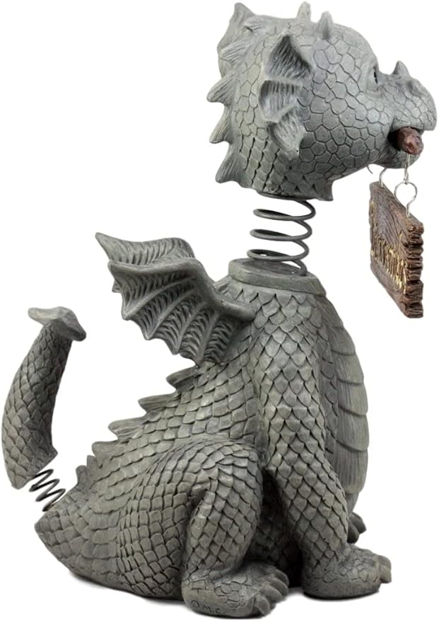 Ebros Gift Bienvenidos Welcome Sign Dragon Garden Greeter Bobblehead Statue Faux Stone Resin Finish 13.25" H