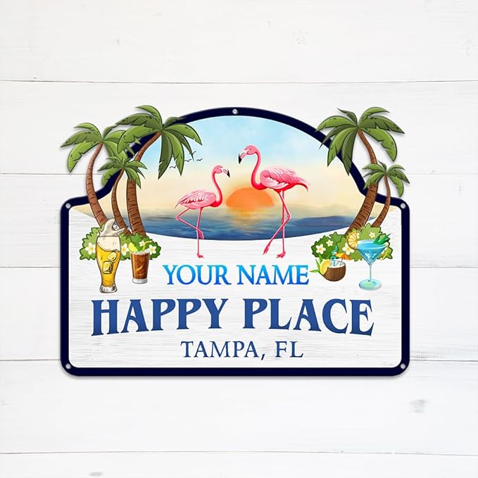 MeMate Flamingo House Signs, Flamingo House Metal Sign, Personalized Name Outdoor Sign, Flamingo House Outdoor Décor for Porch Deck Backyard Patio Pool, Flamingo Metal Sign Housewarming Gift for Family Friend 07