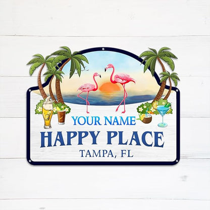 MeMate Flamingo House Signs, Flamingo House Metal Sign, Personalized Name Outdoor Sign, Flamingo House Outdoor Décor for Porch Deck Backyard Patio Pool, Flamingo Metal Sign Housewarming Gift for Family Friend 07