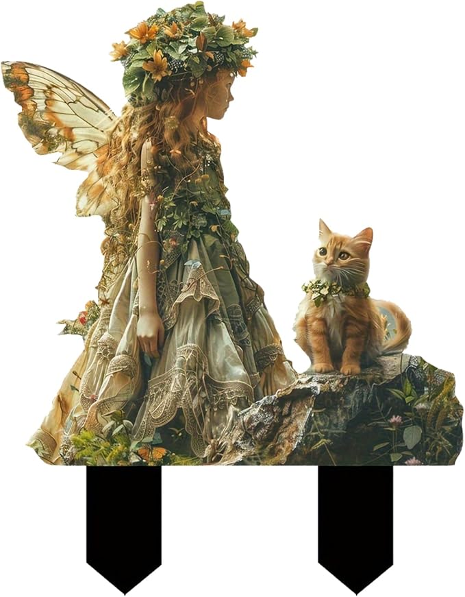 Flower Fairy Garden Stake Decor, 2D Flat Acrylic Elf Garden Sign with Stake, Fairy with Magic Sign for Indoor Outdoor Yard Lawn Balcony Pot Plants (Flower Fairy and Cat)