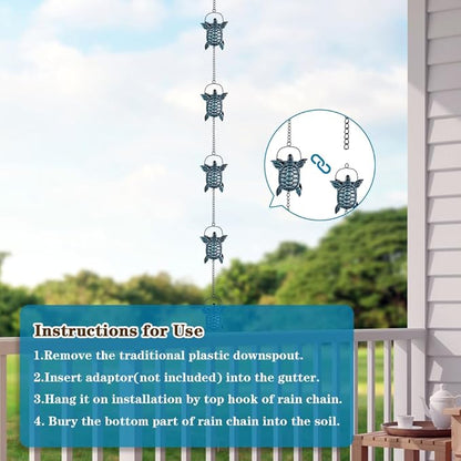 10 FT Rain Chains for Gutter, Rain Chain with 12 Turtle Shape Cups Adjustable Rain Catcher Chain for Gutters, Eaves, Drainage, Replacement for Downpout