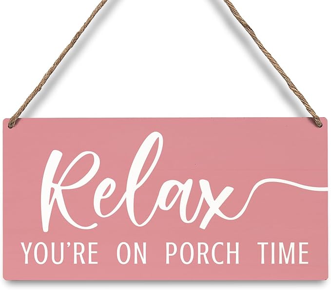 JXREQ Pink Wall Decor Door Sign Relax You're On Porch Time, Front Door Outdoor Porch Wood Hanging Sign for Home Backyard Patio, 12x6 Inch
