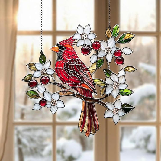 Cardinal Memorial Acrylic Suncatcher, Boho Suncatchers for Window Hangings, Stained Glass Effect Indoor Outdoor Garden Decor for Cardinal Lover, Gifts for Mother's Day, Mom, Grandma, Wife, Women