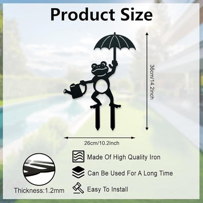 WADORN Watering Frog with Umbrella Decorative Silhouette Garden Stakes, Metal Frog Animals Stakes Statues Ornaments Lovers Gifts Yard Art Black Silhouette Yard Outside Decor, 10.2x14.2 Inch