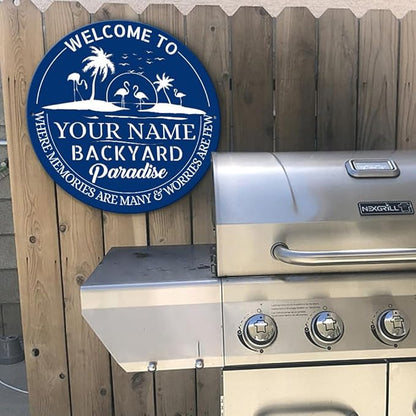 MeMate Personalized Backyard Signs, Patio Sign for Outdoor Decor, Customized Name Metal Sign, Flamingo Backyard Paradise Sign, Round Printed Metal Sign for Restaurants Farmhouse Porch Deck