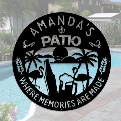 MeMate Patio Sign Outdoor Decor, Personalized Metal Sign for Backyard, Patio, Custom Name Signs for Garden Porch, Deck, Flamingo Beer Large Metal Sign for Outside, Housewarming Gifts