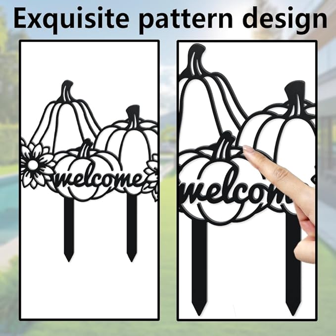 WADORN Fall Pumpkin Metal Decorative Garden Stakes, Funny Welcome Autumn Metal Outdoor Statues Fall Harvest Silhouette Ornament Gifts Welcome Yard Sign for Thanksgiving Party Autumn Harvest Lawn