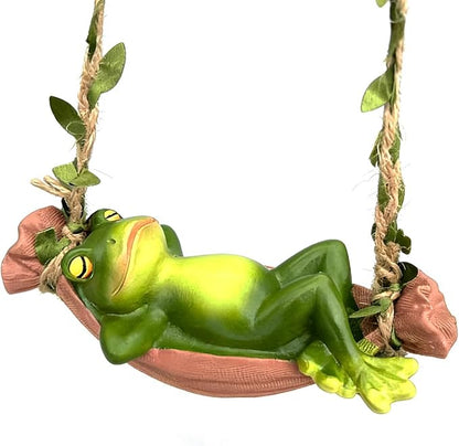 Hanging Frog Statue,small Resin Swing Frog Statue,Ornament Green frog on swing with Hemp Rope and Leaf Vines,Indoor and Outdoor Hanging Decor for Garden,Patio ,Home.Gifts for Women.(Pink,Green )