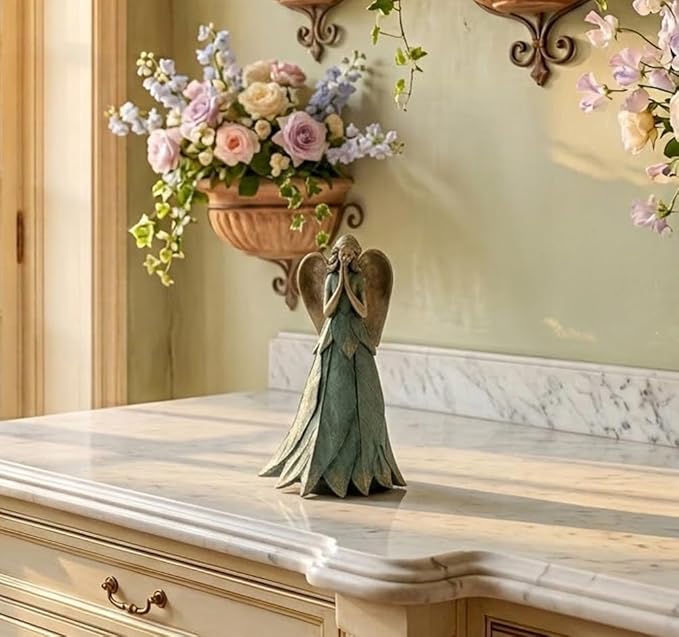 Napco Praying Angel Faith Plant Leaf 11 x 6 x 6.5 inches Blue and Bronze Resin Stone Collectible Figurine Statue Sculpture, Indoor Outdoor Garden Décor