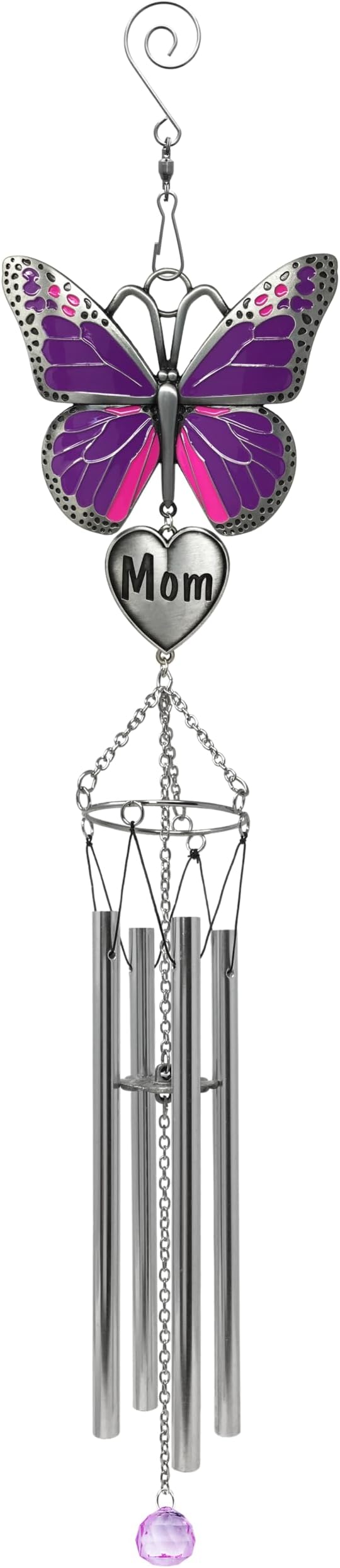 Butterfly Wind Chimes for Mother - Purple Butterfly Windchime with Engraved Mom Heart - Gift for Mom Mother’s Day Birthday Christmas - Spring Patio Garden Hanging Decor - 20 Inch Long