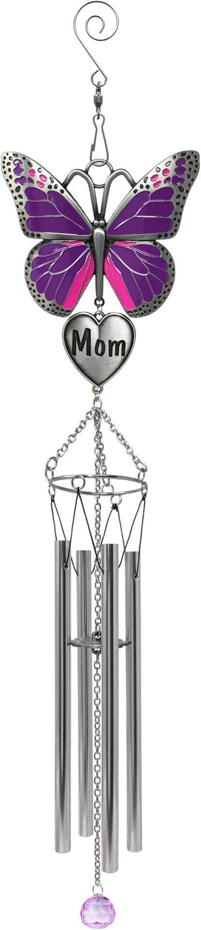 Butterfly Wind Chimes for Mother - Purple Butterfly Windchime with Engraved Mom Heart - Gift for Mom Mother’s Day Birthday Christmas - Spring Patio Garden Hanging Decor - 20 Inch Long