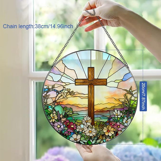 Stained Glass Window Hanging, Cross and Wildflowers Suncatcher for Window Doors Garden Home Decoration, Easter Glass Panel Ornaments for Women,Men,Wife, Lovers, and Mom, God's Promises Day Gift 7.8 in