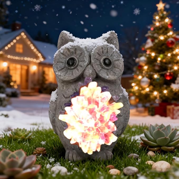 Solar Owl Light Statue Light Resin Figurine with Purple Stone Cluster & Solar Lamp, Indoor Outdoor Amethyst Crystal Home Decor, Spiritual Ornament for Crystal Enthusiasts & Garden Aesthetic Lovers