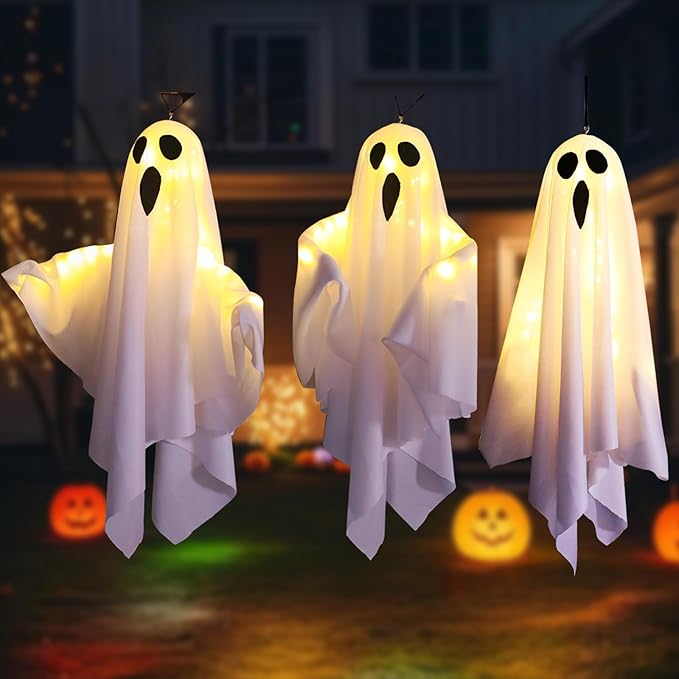 3Packs Halloween Light Up Hanging Ghost Halloween Ghost Decorations with LED Light Spooky Ghost Ornaments for Home Tree Garden Yard Party Décor and Holiday Decorations(White)