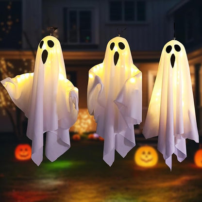 3Packs Halloween Light Up Hanging Ghost Halloween Ghost Decorations with LED Light Spooky Ghost Ornaments for Home Tree Garden Yard Party Décor and Holiday Decorations(White)