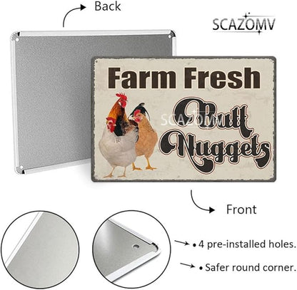 Chicken Coop Tin Sign-Farm Fresh Butt Nuggets, Vintage Metal Hanging Plaque for Egg Market Farm Barn Yard Garden Home Kitchen Bar Wall Decor Hen House Accessories Outdoor (12" x 8")