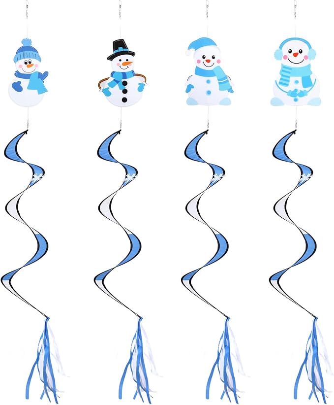 Beeveer 4 Pcs 51'' Snowman Wind Socks for Outdoor Winter Wind Spinners Winter Snowflake Spirals Streamers Hanging Nylon Fabric Snowman Windsock for Christmas Holiday Yard Balcony Outdoor Decorations